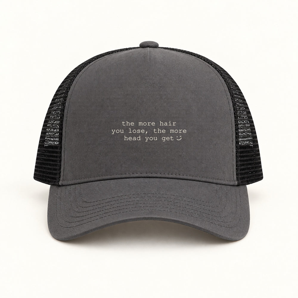 more hair more head trucker cap in charcoal black