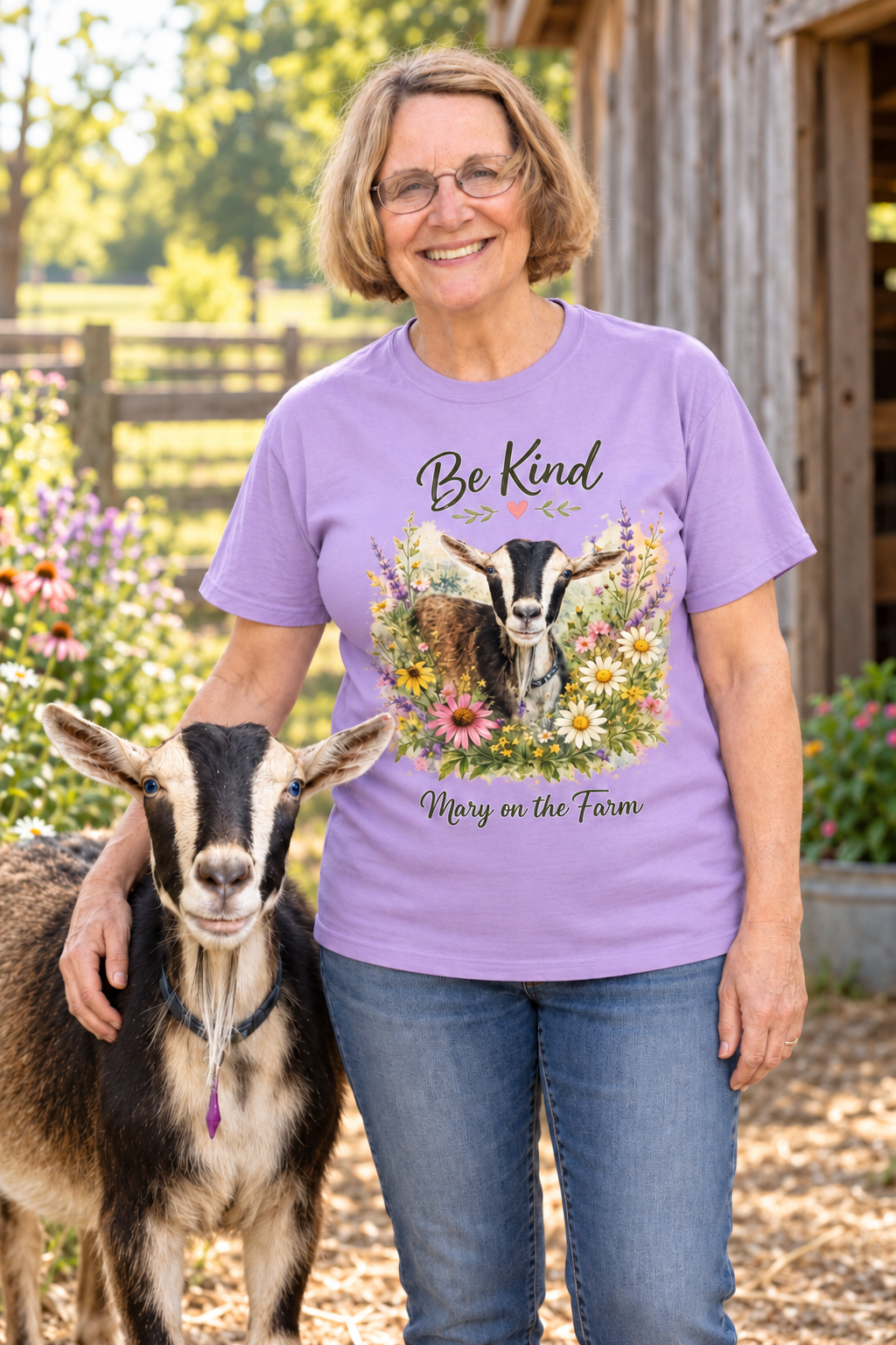 AI-created lifestyle mockup of Mary wearing her official Rosemary Be Kind shirt.