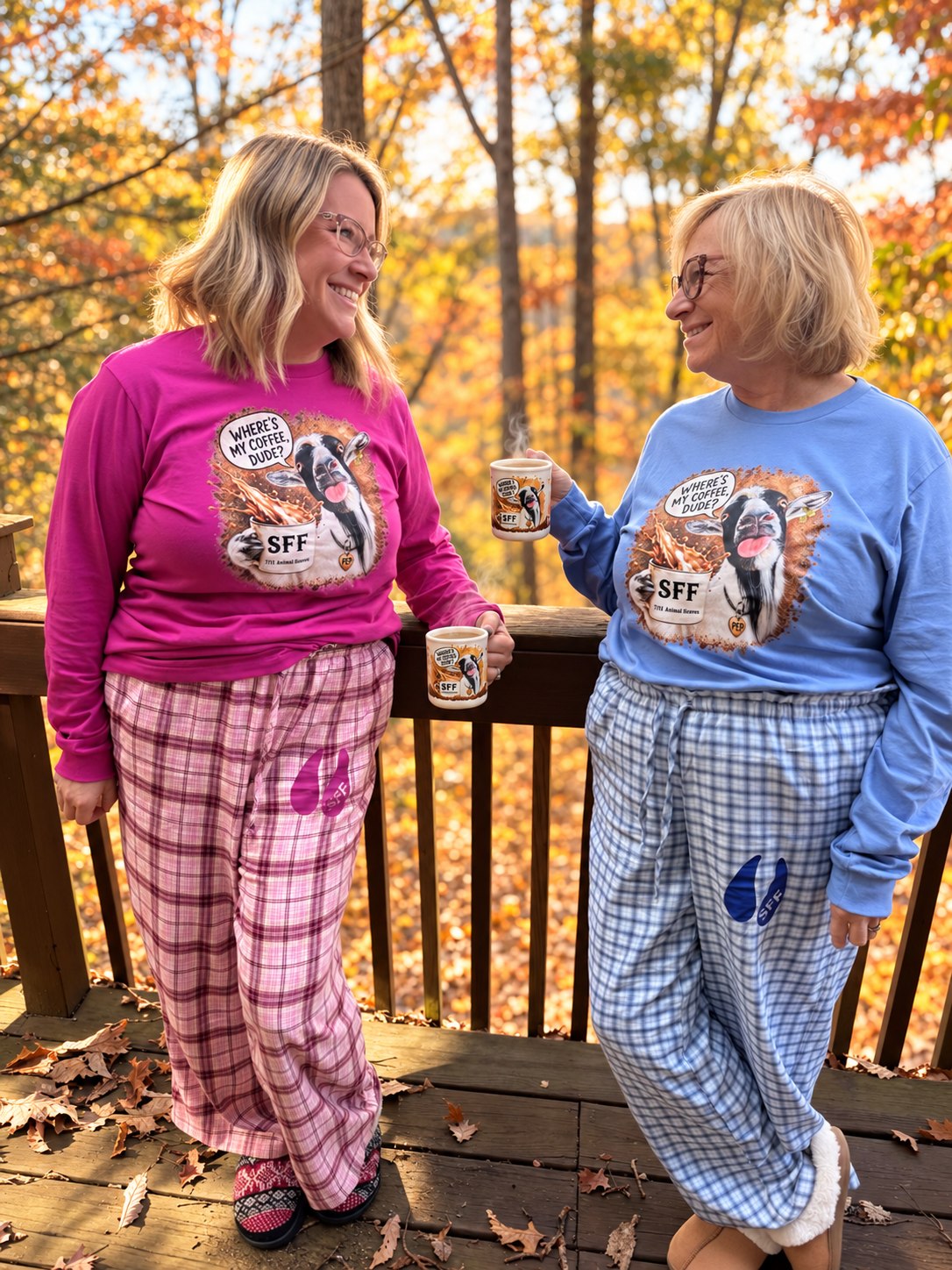 Pink and blue Pep fall pajama sets with matching coffee mugs on an autumn woodland porch.