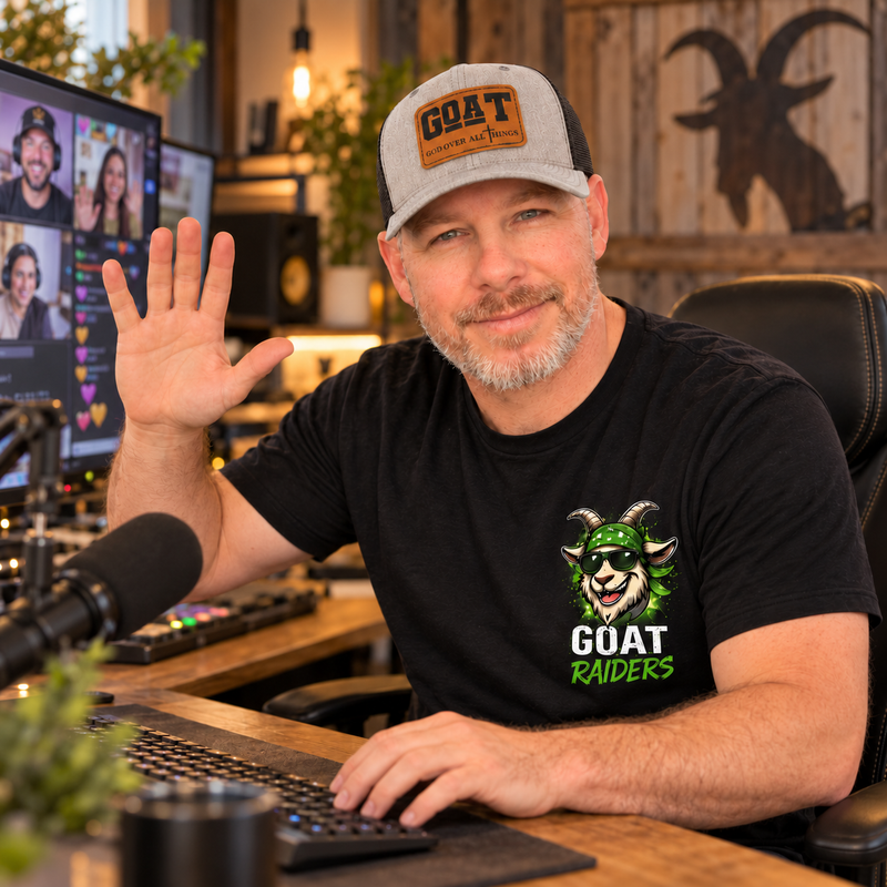 AI-assisted portrait of The Goatfather excitedly supporting fellow creators during a Goat Raid
