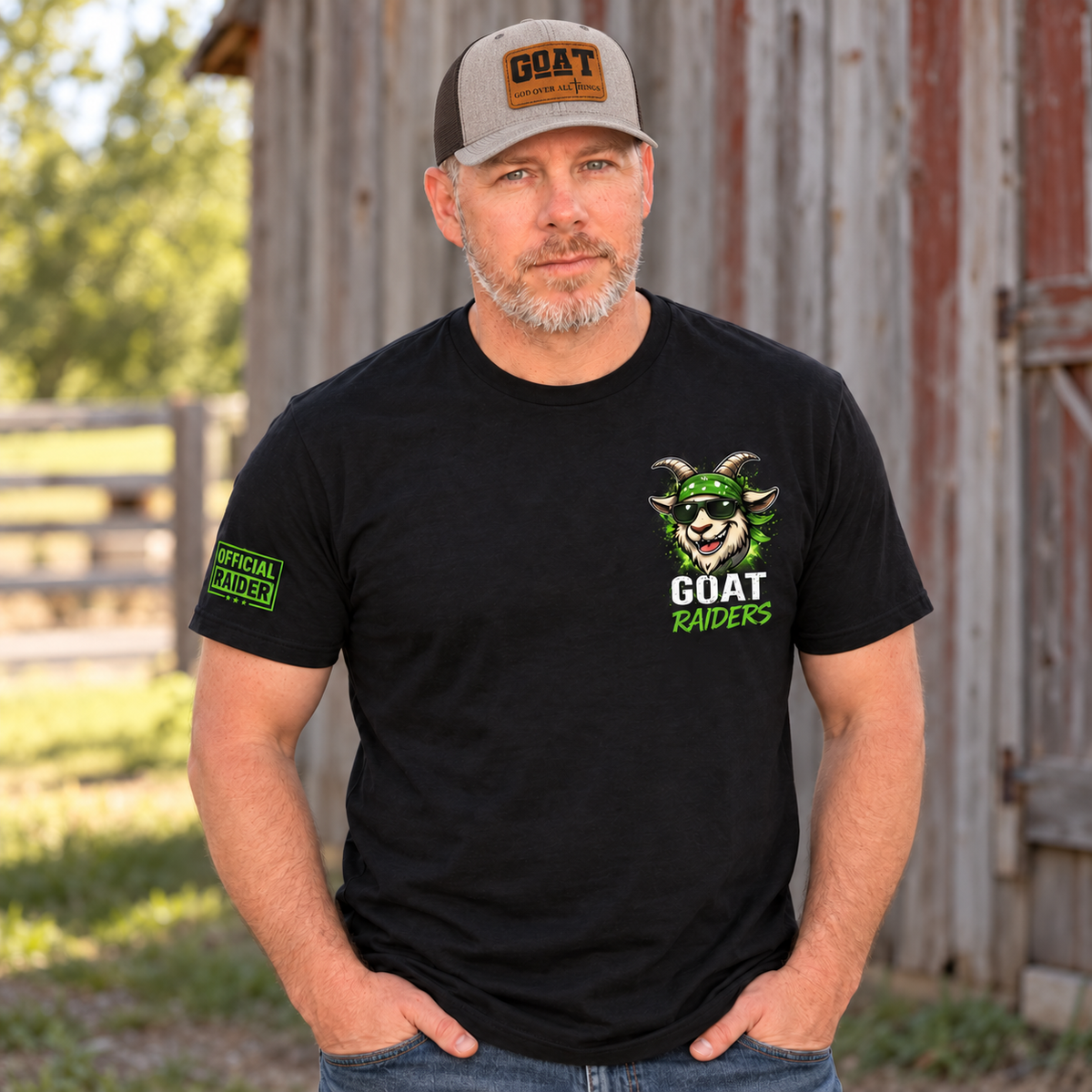 AI-assisted lifestyle mockup of The Goatfather wearing his God Over All Things hat and black Goat Raiders shirt; shirt sold separately