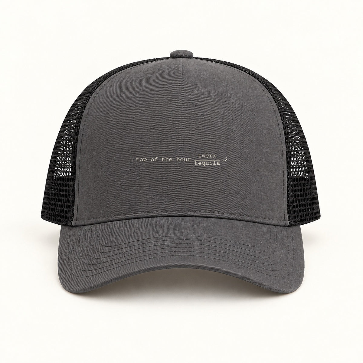 top of the hour trucker cap in charcoal black
